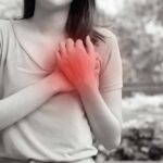 Woman holding her chest in pain outdoors