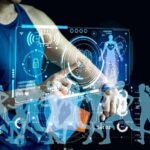 Person interacting with a digital fitness interface displaying health metrics