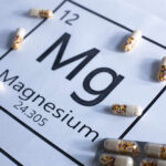 Magnesium element symbol with colorful capsules arranged around it