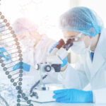 Scientist examining samples under a microscope in a laboratory