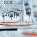 Automated laboratory equipment with robotic arms dispensing liquids into petri dishes