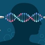 Illustration of a human head with DNA strands and hands reaching towards it