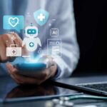 Healthcare professional interacting with a smartphone displaying health-related icons