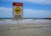 Shark warning sign on a beach shoreline with waves and blue sky