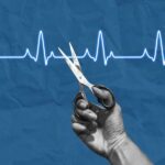 Habits That Slashes Women’s Heart Attack Risk A hand holding scissors above a heartbeat line on a blue background