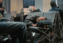 Irregular Bedtimes, Scary Consequences Passengers sleeping on airport benches with luggage nearby