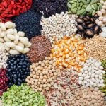 Assorted legumes, grains, and seeds arranged in colorful piles