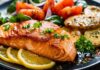 Seared salmon fillet with lemon slices and vegetables