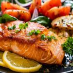 Seared salmon fillet with lemon slices and vegetables