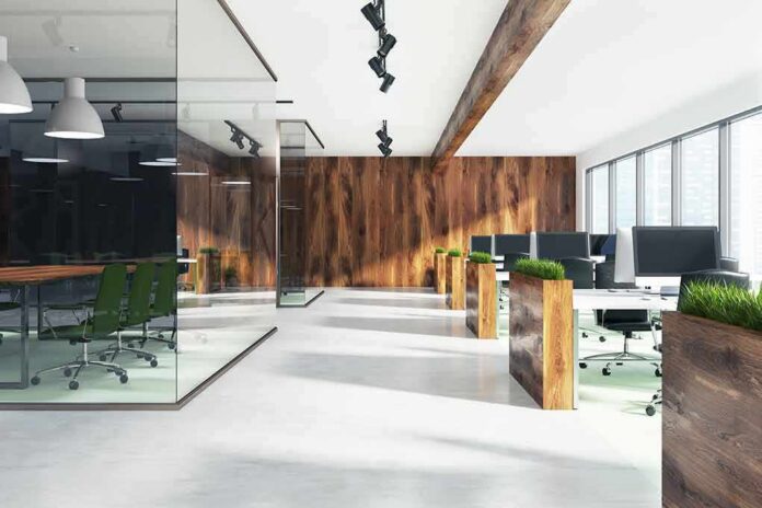 shutterstock_735875389 Modern open-plan office with wood accents and glass meeting room