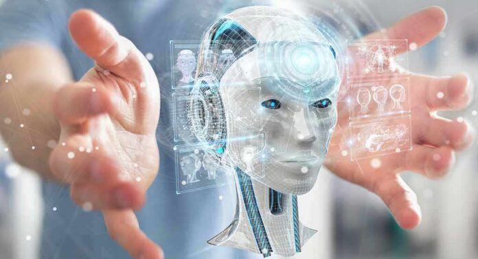 shutterstock_1040657359 robot head hologram between outstretched hands