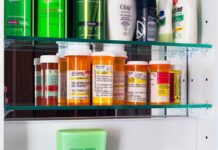 Medicine cabinet with prescription bottles and toiletries