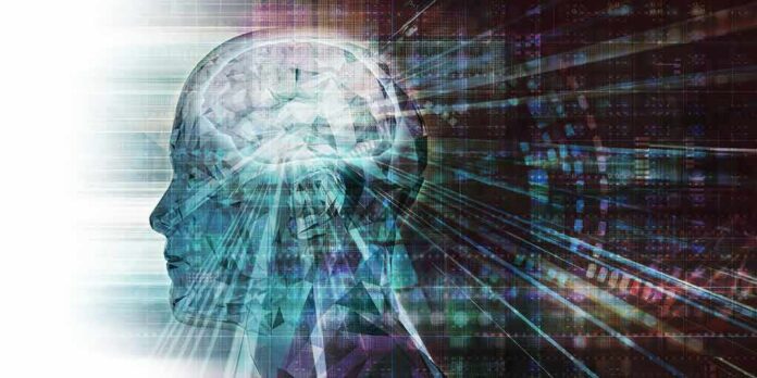 shutterstock_1652477281 Abstract human head with illuminated brain and digital light streaks