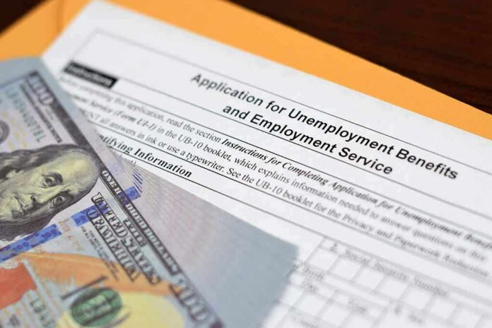 shutterstock_1733992355 Unemployment benefits application with cash and envelope