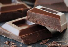 Dark chocolate: A workout performance booster? Chocolate bars with rough edges on a dark surface