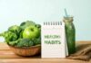 The 5 pillars of longevity and healthy aging Basket of green vegetables with apple, notebook, and green smoothie