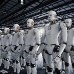 Humanoid Robots: Dazzling Demos, Embarrassing Flops Rows of humanoid robots standing in a warehouse