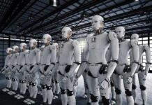 Rows of humanoid robots standing in a warehouse