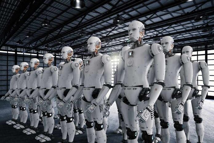Rows of humanoid robots standing in a warehouse