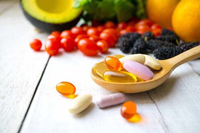 Wooden spoon holding assorted vitamin pills beside fresh fruits and vegetables