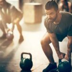 Man lifting kettlebell in gym