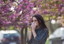 Winter Virus Ambush – Hopkins’ Bold Playbook Woman sneezing into tissue under blooming pink trees