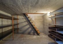 Why Your Knees Hurt Walking Down The Stairs Concrete basement with shelves and a metal staircase