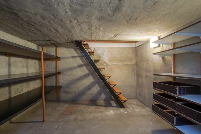 Concrete basement with shelves and a metal staircase