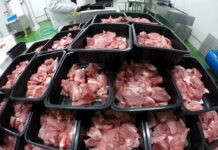 Trays of raw meat in a processing facility