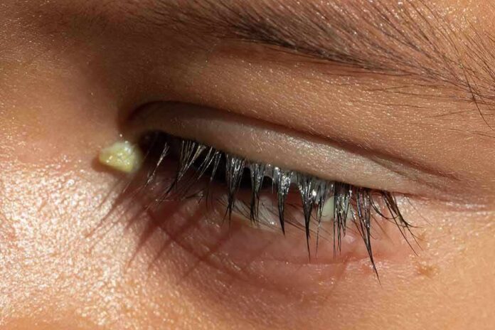 shutterstock_1495408949 Closed human eye with discharge on eyelashes