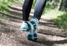 Runner's feet in athletic shoes on a forest trail