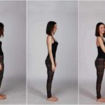 Woman in side profile demonstrating posture changes and giving a thumbs-up